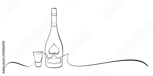 Alcoholic drink bottle with shot glass in line art style.