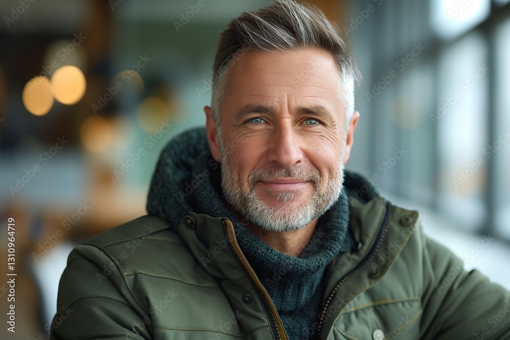 A cheerful middle-aged Caucasian man with a gray beard and blue eyes, wearing a green jacket, smiles warmly in a cozy indoor setting. A cheerful middle-aged Caucasian man with a gray beard and blue eyes, wearing a green jacket, smiles warmly in a cozy indoor setting.