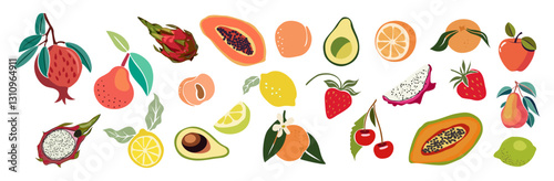 Hand drawn abstract fruits set. Collection of apple, lemon, pear, avocado, pomegranate, papaya, apricot, strawberry, orange, peach vector illustrations isolated on white background. Fresh juicy fruits