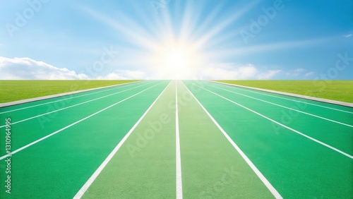 a vibrant green race track extends toward a radiant sun, symbolizing goals and achievement