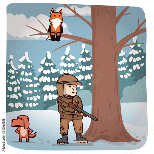 A hunter with a gun in winter clothes is looking for a fox in a winter forest. Cartoon.