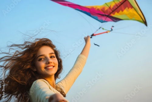 Elegant female face in the sunset dancing with a kite, kite fabric background.