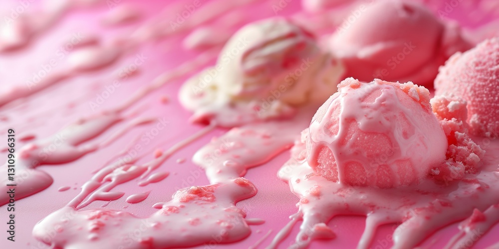 Fototapeta premium Colorful scoops of melting ice cream create a delightful mess on a pink background, evoking summer's sweetness.