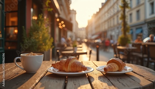 Fototapeta Naklejka Na Ścianę i Meble -  Parisian breakfast at street cafe in morning sunlight. Cup of coffee and croissants on wooden table at sidewalk bistro, France. French lifestyle food and drink photo.