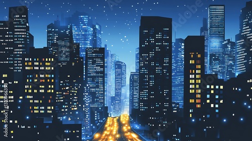 Nighttime cityscape with illuminated buildings and a glowing road.
