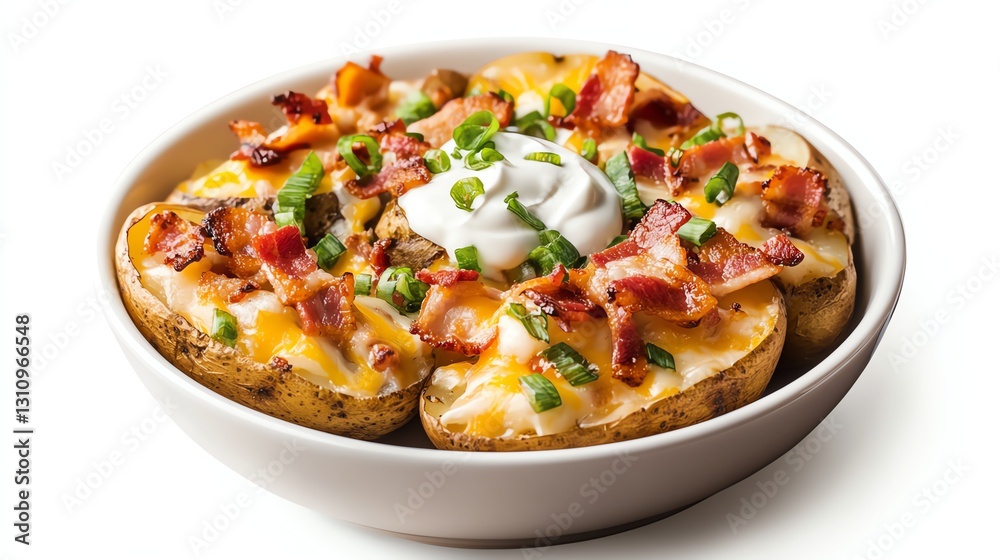 Baked potato topped with bacon, cheese, and sour cream in a white bowl. Baked potato topped with bacon, cheese, and sour cream in a white bowl.