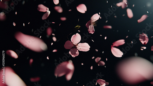 Realistic cherry blossom petals falling in slow motion, black background