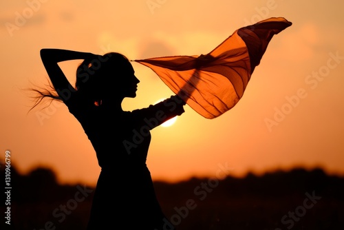 Elegant female face in the sunset dancing with a kite, kite fabric background.
