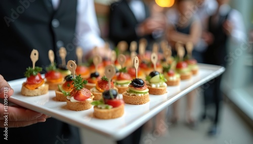 Close-up of waiter serving finger food on tray during cocktail party. Catering service offers appetizers canapes, delicious desserts. Gourmet snacks on banquet for celebrating wedding ceremony,