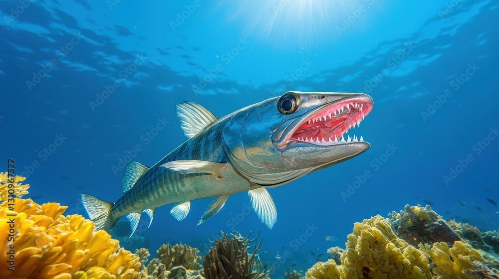 Naklejka premium Barracuda swimming near vibrant coral reef in clear ocean water.
