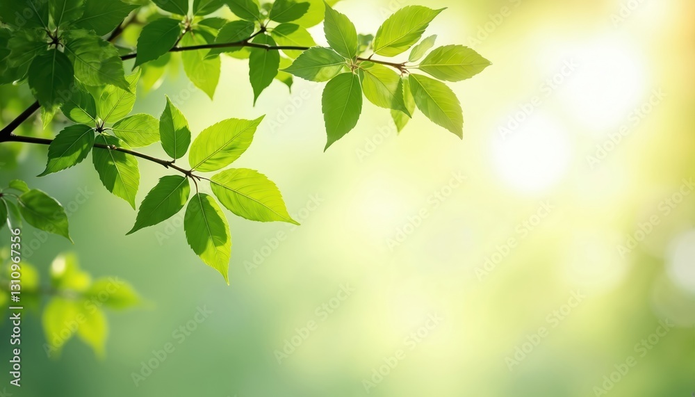 Fresh vivid green leaves branch on sunlit bokeh background. Nature background with tranquil foliage, vibrant plant. Bright daylight scene with peaceful leaf texture evokes calm. Spring summer natural Fresh vivid green leaves branch on sunlit bokeh background. Nature background with tranquil foliage, vibrant plant. Bright daylight scene with peaceful leaf texture evokes calm. Spring summer natural