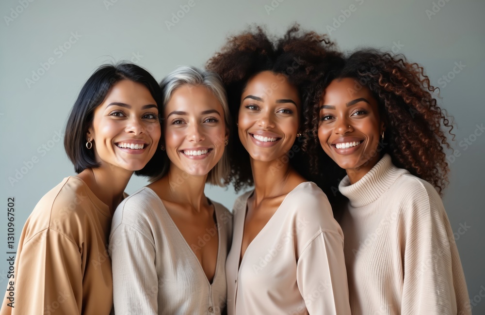 Multiethnic women different ages with unique skin. Beautiful natural diversity people, studio shot. Skincare, treatment, wellness, grooming, routine, happiness, health, self love concept.
