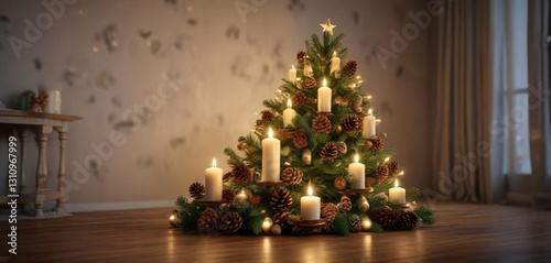 A Christmas tree decorated with candles and pinecones, pinecones, winter wonderland