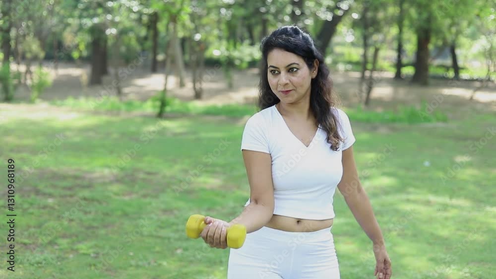 Young Indian woman doing dumbbell workout at summer park, working on arms strength, Asian athletic lady exercising outdoor in nature, fitness concept. Young Indian woman doing dumbbell workout at summer park, working on arms strength, Asian athletic lady exercising outdoor in nature, fitness concept.