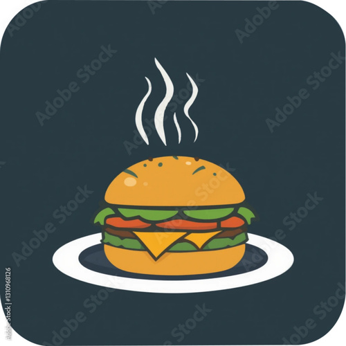 Hot cheeseburger with vegetables and steam on a plate with copy space, black background