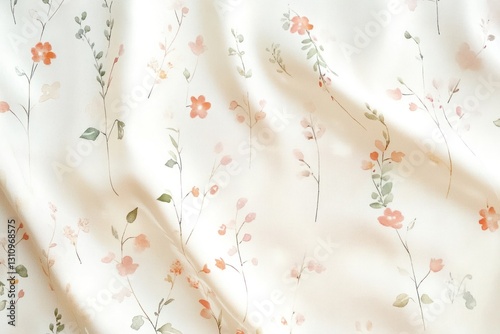 Soft floral fabric, draped, close-up,  light background, textile design