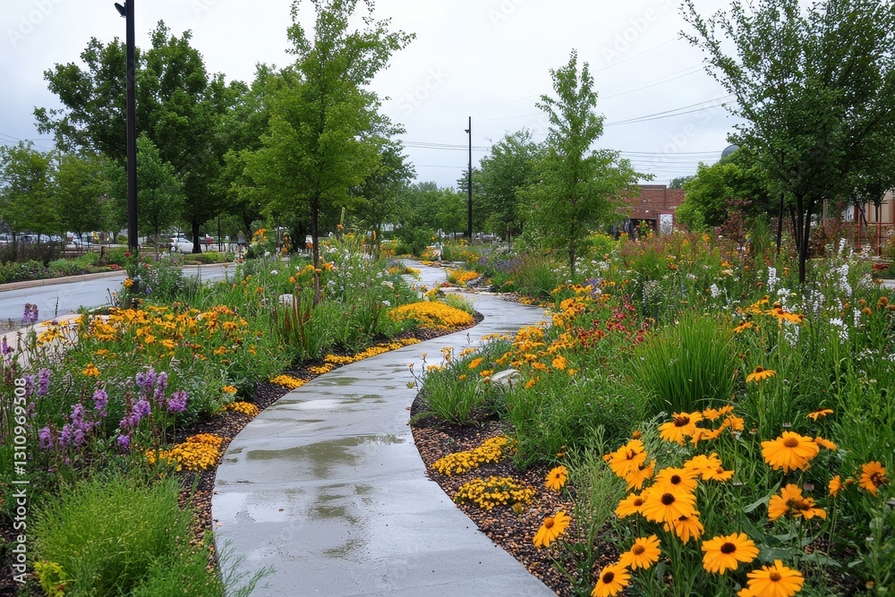Obraz premium Curving sidewalk bordered by vibrant wildflowers and lush greenery after rain. Ideal for showcasing urban landscaping, nature, or peaceful outdoor scenes.