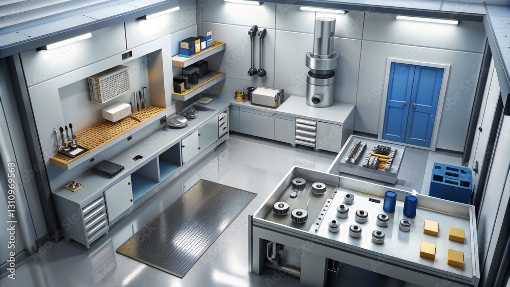 High-Tech Precision Engineering Workshop Clean Room Environment with Specialized Equipment and Organized Workbenches High-Tech Precision Engineering Workshop Clean Room Environment with Specialized Equipment and Organized Workbenches