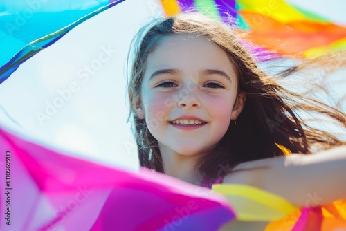 Elegant girl face close-up dancing with kite, kite fabric background.