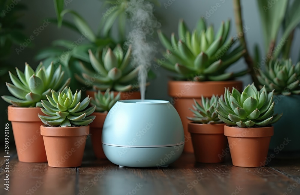 Fototapeta premium Collection of home flowers and succulent plants arranged near compact air humidifier. Idea Home Garden. Green botanical succulents in flowerpots for indoor interior decoration on wooden table.