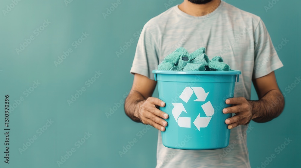 person holds blue recycling bin filled with green towels, symbolizing eco friendly practices and sustainability. background is matching teal color, enhancing environmental theme person holds blue recycling bin filled with green towels, symbolizing eco friendly practices and sustainability. background is matching teal color, enhancing environmental theme
