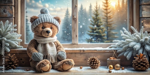 Cozy Winter Wonderland A plush teddy bear in a warm hat and scarf sits on a snowy windowsill, gazing at a picturesque winter scene beyond.
