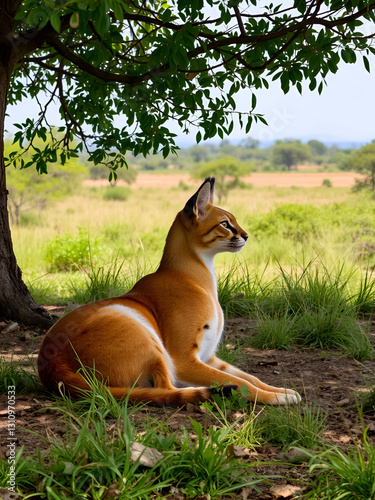 A Serene Moment of a Caracal Resting Under a Tree Observing the Wilderness