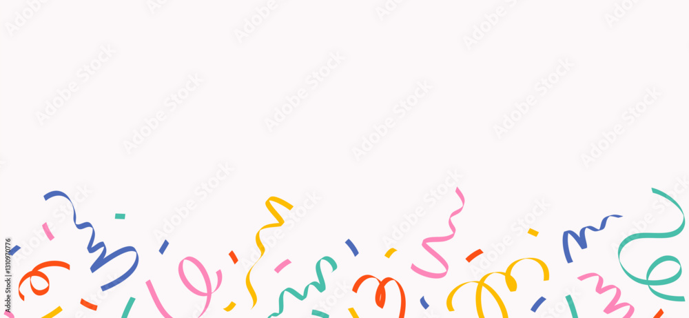 Naklejka premium Abstract border, background of colorful falling top down confetti of multicolored curved lines, long ribbons, serpentine on light background, simple hand drawn illustration, flat style, copy space