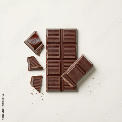 Crushed chocolate blocks on white. Crushed dark chocolate pieces on white background
