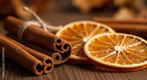 Cinnamon Sticks and Dried Orange Slices on a Wooden Surface