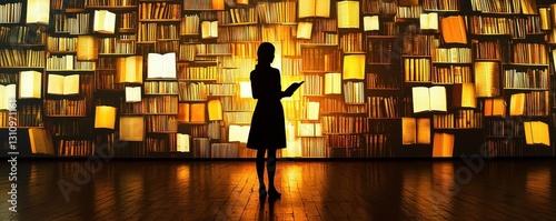 A silhouette of a person holding a book stands before a glowing wall of books, creating a warm, inviting atmosphere.