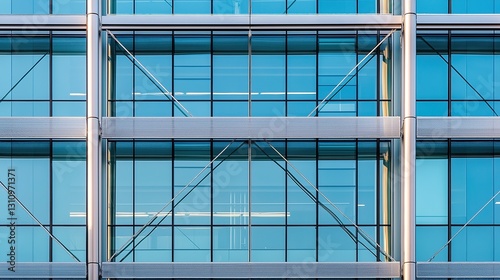 Modern glass and steel office building  symmetrical design  bathed in midday light  showcasing sleek architecture and urban professionalism.