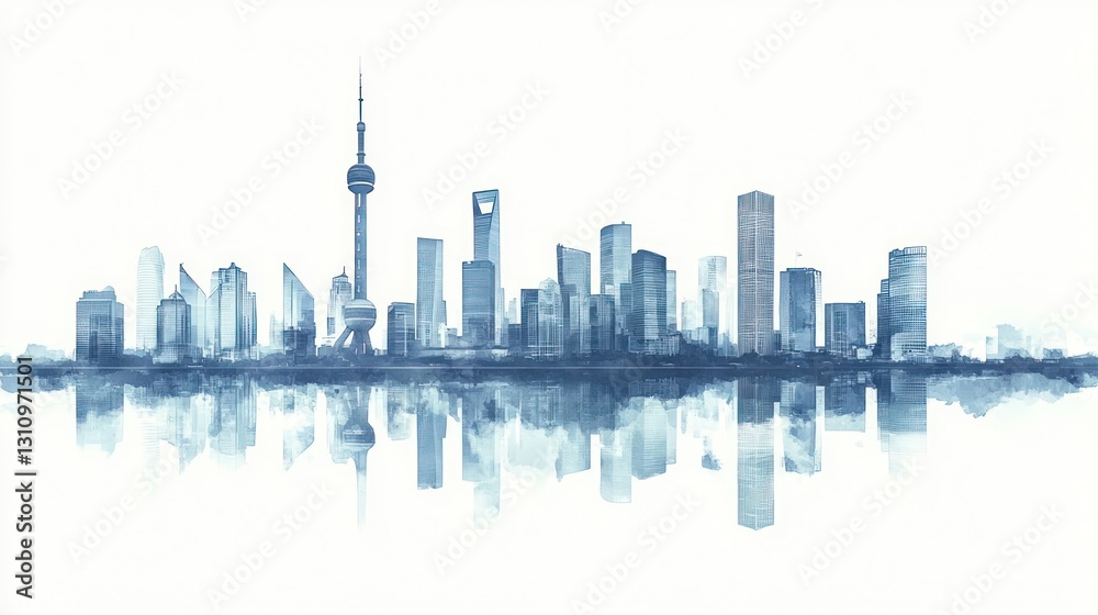 custom made wallpaper toronto digitalShanghai skyline watercolor reflection, urban landscape, city background, architectural design