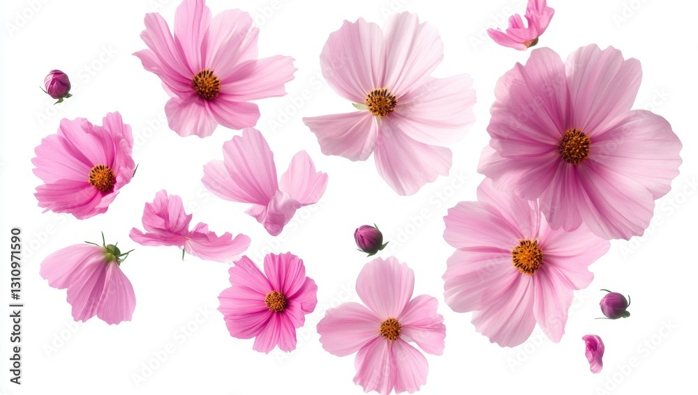 Pink Cosmos Flowers Floating on White