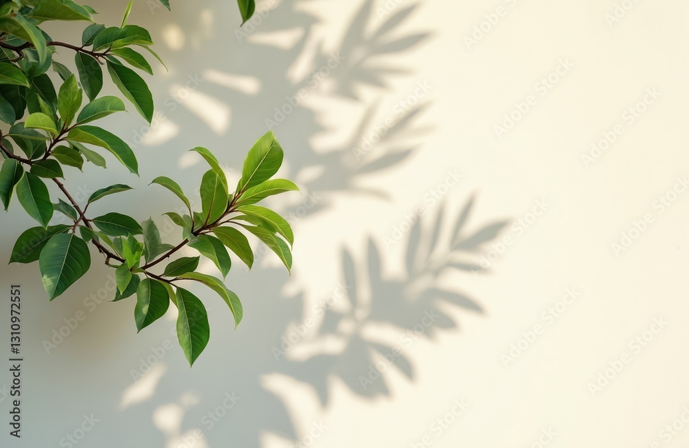 Naklejka premium Fresh green leaves branch against white wall under sunlight. Plant foliage casts shadows. Natural botanic texture background. Organic decoration modern design element, space for text insert. Spring,