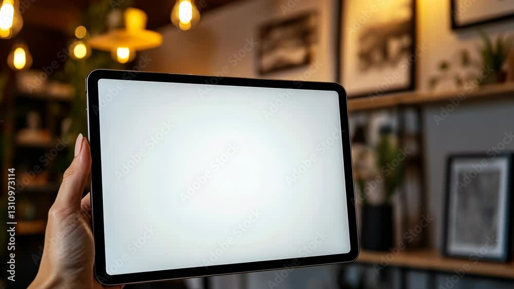 Displaying a blank tablet in a cozy cafe setting with warm lighting and decorative elements Displaying a blank tablet in a cozy cafe setting with warm lighting and decorative elements