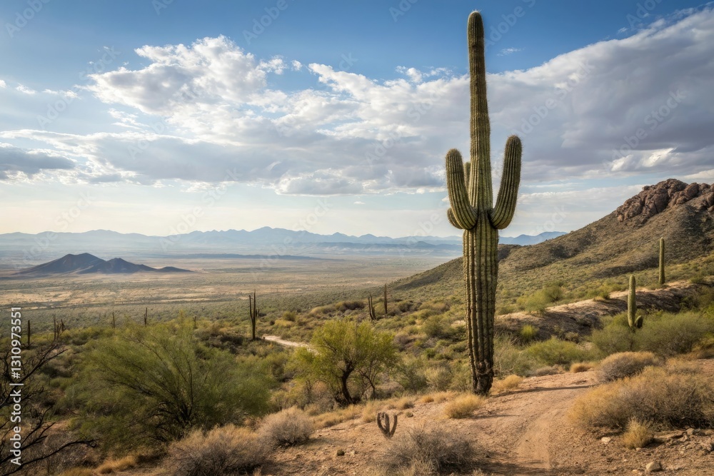 A majestic saguaro cactus standing tall in the Sonoran Desert, towering, tree, saguaro, arid A majestic saguaro cactus standing tall in the Sonoran Desert, towering, tree, saguaro, arid