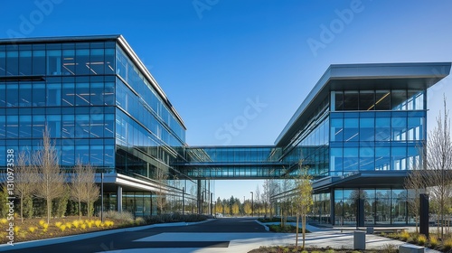 Modern glass and steel office building, symmetrical design, bathed in midday light, showcasing sleek architecture and urban professionalism.