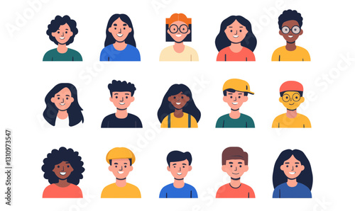 Diverse Group of People Portrait Vector with Vibrant Colors Set of Icons