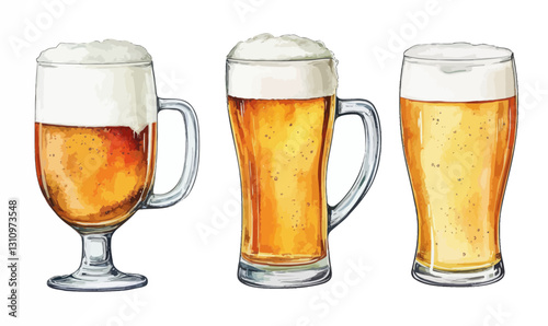 Watercolor Illustration of Realistic Beer Glasses in Various Styles for Drinks and Leisure