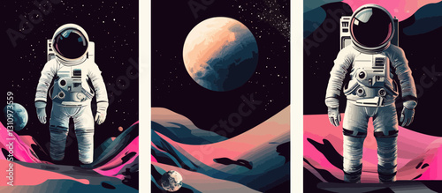 Futuristic Astronaut Exploring Abstract Space Landscape with Geometric Elements
