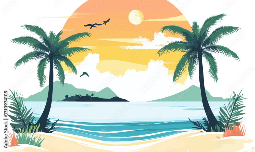 Obraz premium Tropical Beach Scene with Sunset and Palm Trees Vector Illustration for Leisure Themes