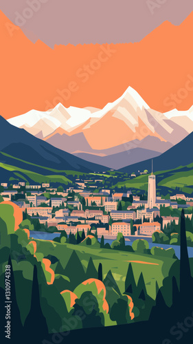 Retro Tourism Poster of Grenoble in Auvergne with French Alpine Landscape and Sunset