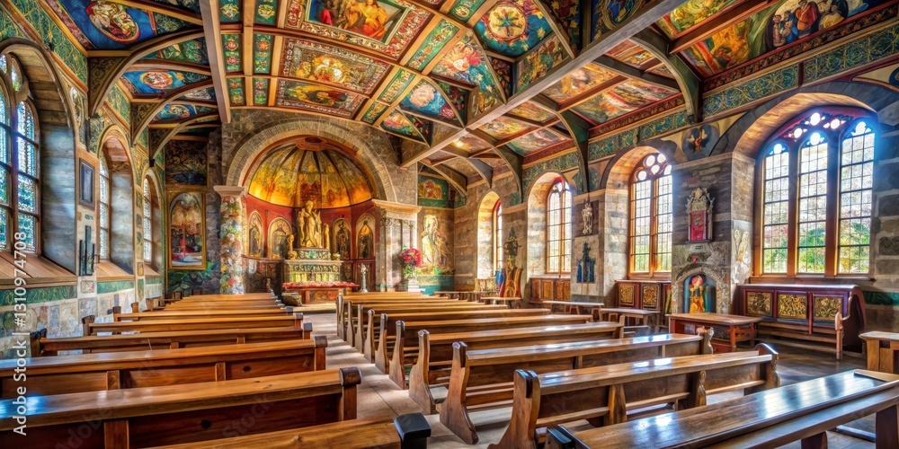 Fototapeta premium Ornate Chapel Interior with Vibrant Painted Ceilings and Wooden Pews
