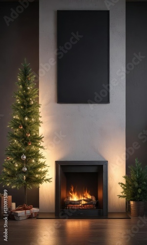 A modern metal fireplace with a small Christmas tree and fairy lights, icicles, snowflakes
