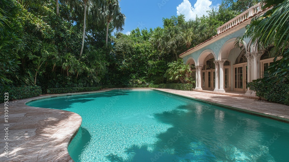 Luxury poolside view of a Mediterranean-style villa nestled in lush tropical foliage.