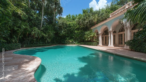 Obraz na płótnie Luxury poolside view of a Mediterranean-style villa nestled in lush tropical foliage. w salonie