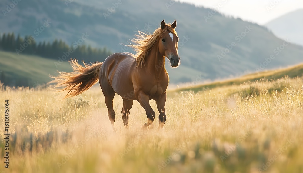 Fototapeta premium A majestic horse gallops through a sunlit meadow, showcasing its beauty and power amidst a serene landscape.