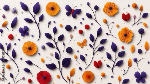 Colorful Paper Flowers and Leaves with Butterfly on White Background