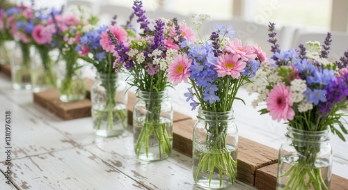 Colorful Flower Arrangements in Jars on Rustic Table for Celebrations